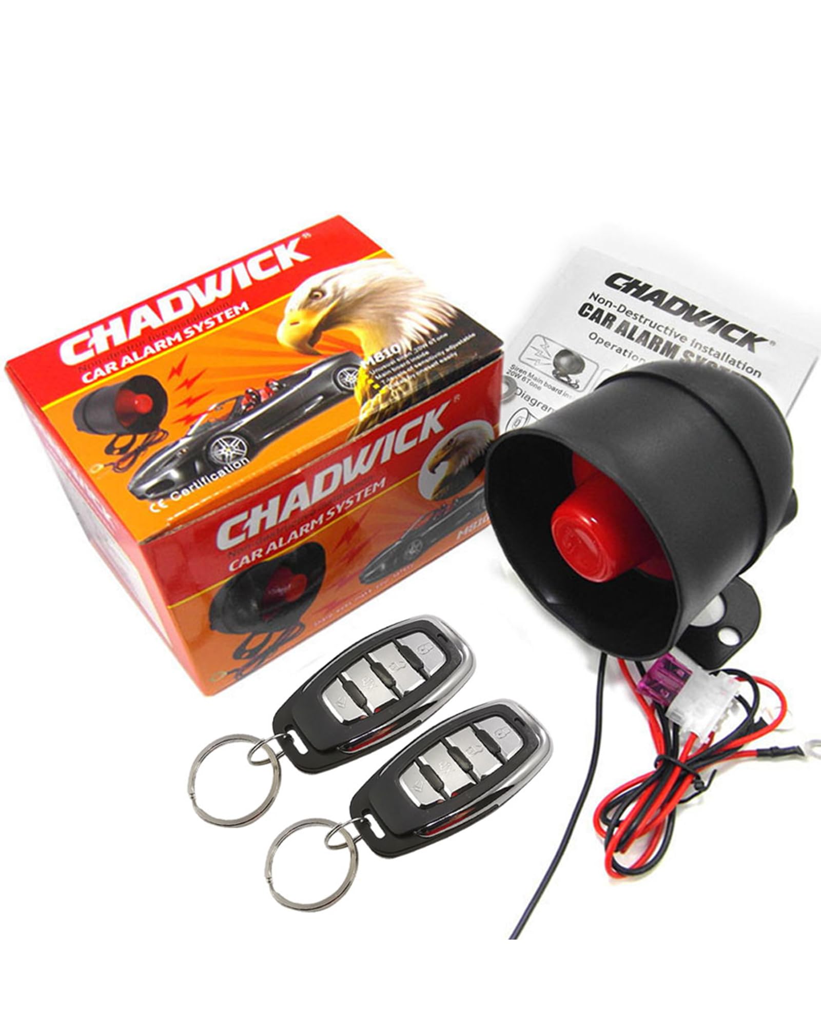 CHADWICK Sirène d'alarme pour voiture 12 V DC, universelle, 2 télécommandes, dispositif antivol, sensibilité à 7 niveaux, pas de coupe de fil, installation non destructive (CW-8152)