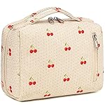 Bluboon Makeup Bag Zipper Pouch Travel Portable Cosmetic Bag Organizer for Women and Girls(Cherry Corduroy beige)