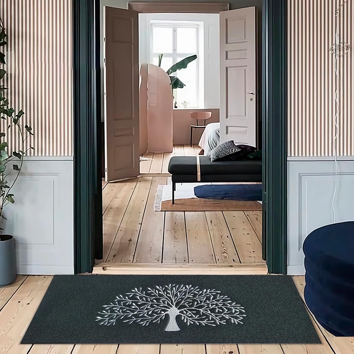 AOAOPQ Grand paillasson d'intérieur - 45 x 120 cm - Arbre de Vie - Lavable - Anti-saleté - Antidérapant - Absorbant - pour entrée, terrasse, intérieur et extérieur - Noir