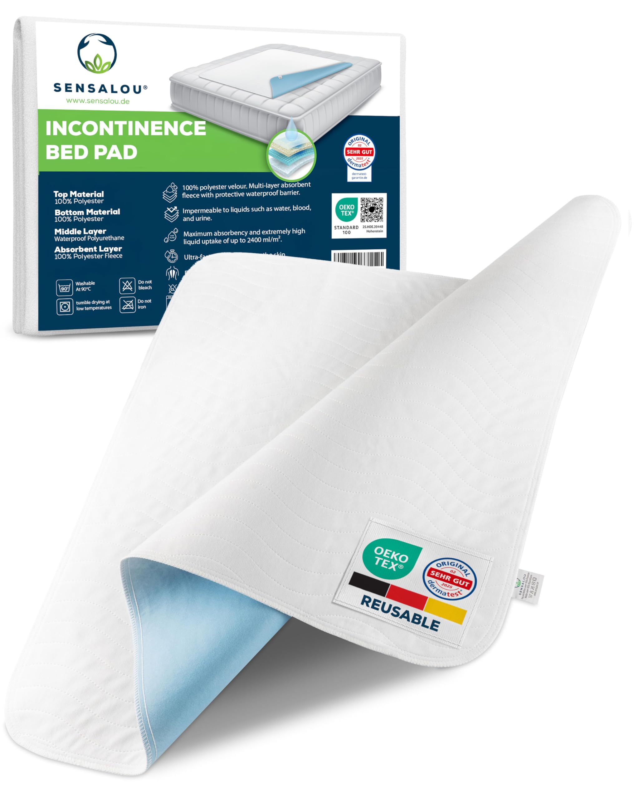 Sensalou Waterproof Bed Pad Reusable 75x90 cm - Washable Incontinence Underpad for Babies, Adults & Elderly - Extra Large Absorbent Mattress Protector up to - OEKO-TEX Certified (2, 90x160cm)
