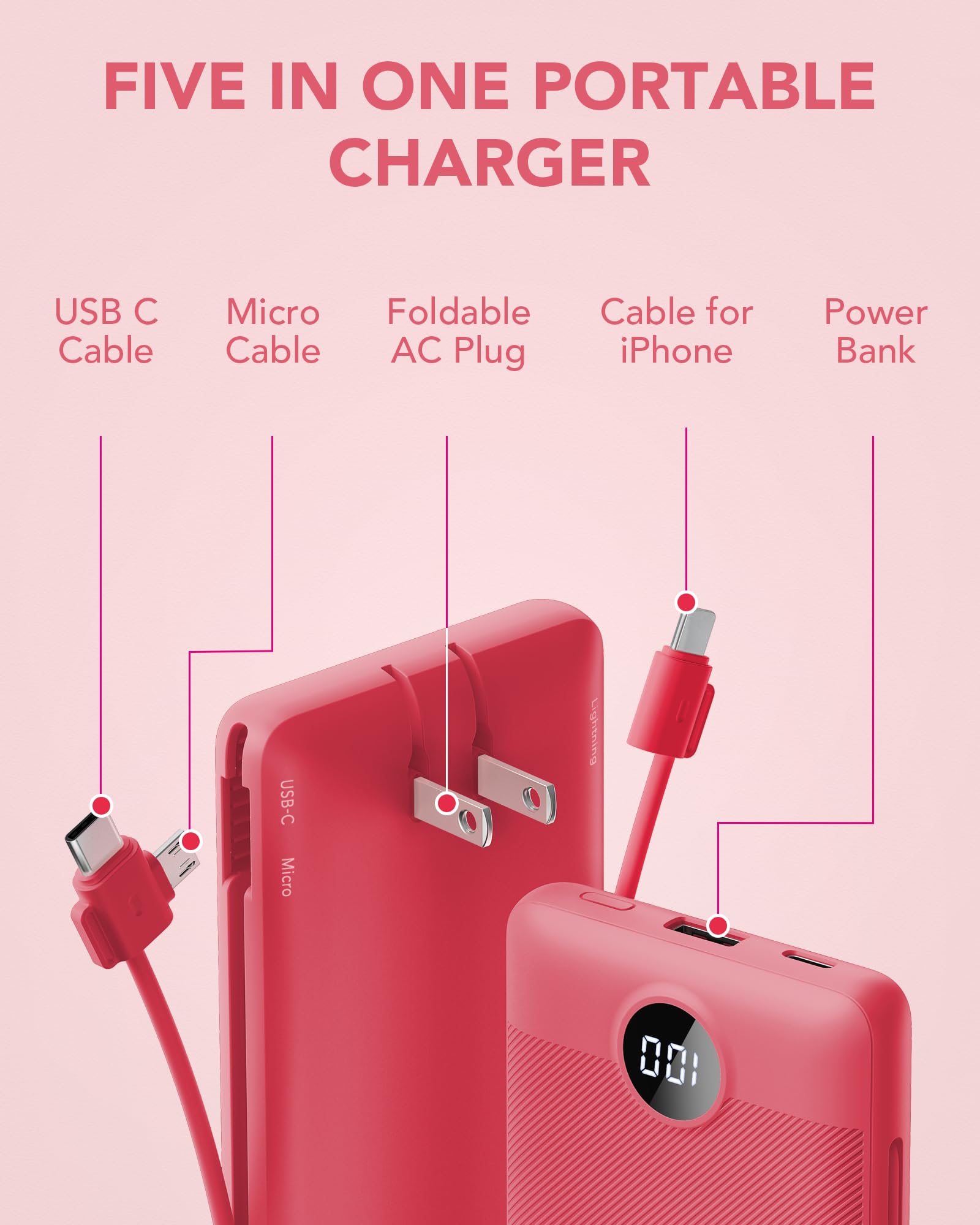Portable Charger Built-in Cables and AC Wall Plug, VRURC USB C Power Bank 10000mAh, Travel Battery Portable Phone Charger Compact Lightweight External Battery Pack for SmartPhones,Tablets-Viva Magenta view 3