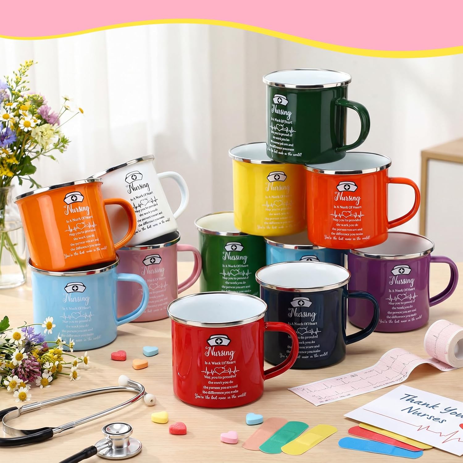 Condition photo showing New/Like New for silifine 48 pcs nurse appreciation gifts 2026 nurse appreciation cup bulk 12 oz enamel nursing coffee mugs with handle for nurse's day women doctor assistant graduation rn thank you week gift