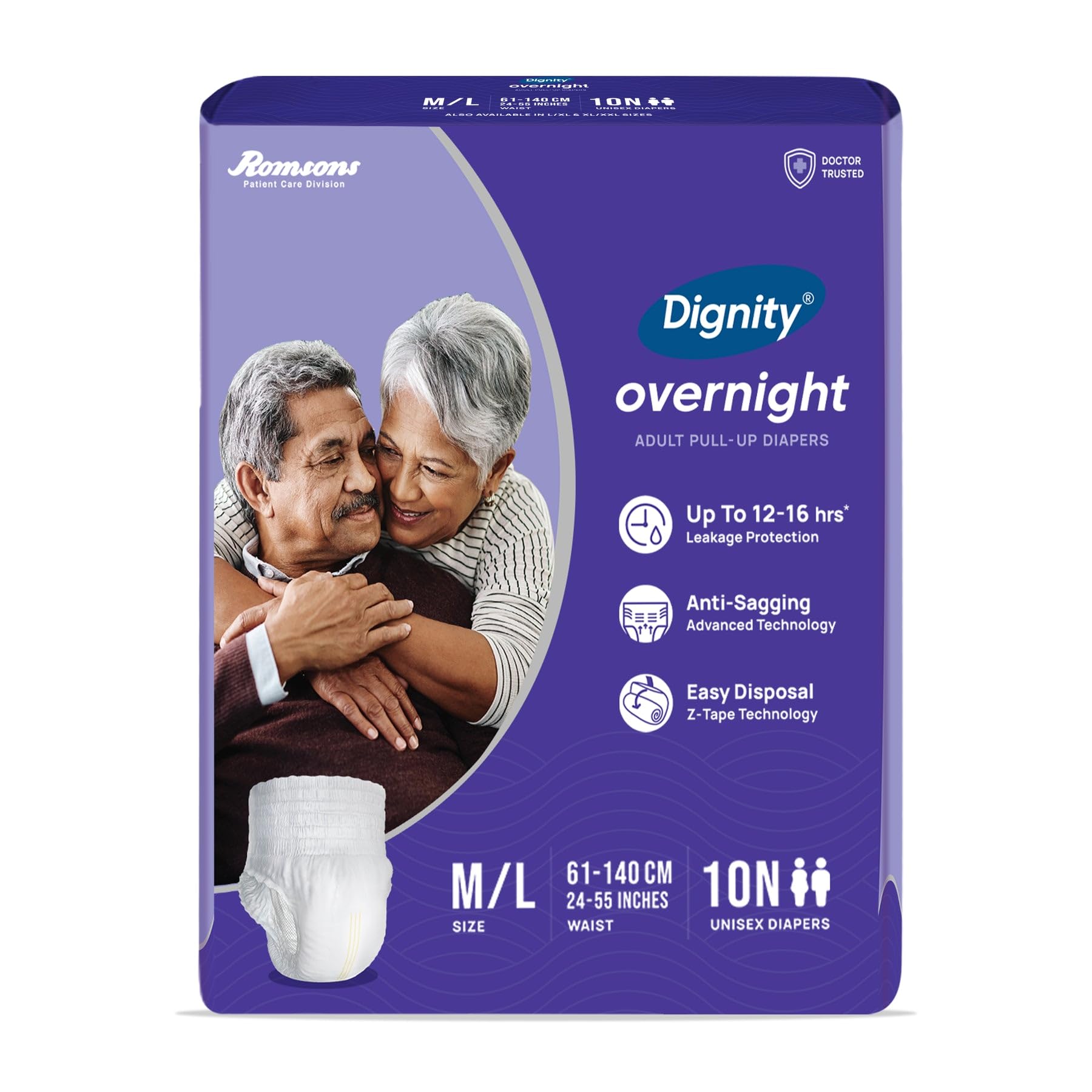 DIGNITY Overnight Pant Style Adult Diapers - M/L (10 Pieces) With Wetness Indicator and Leakage Protection Upto 12-16 Hrs.
