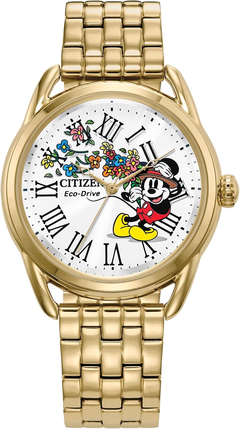 Citizen Eco-Drive Ladies' Disney Mickey Mouse Flowers "Thru the Mirror" Gold Stainless Steel Watch, 3-Hand, 36mm (Model: FE7093-57W)