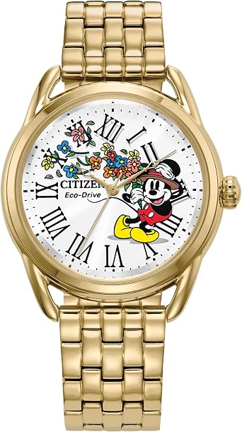 Citizen Eco-Drive Ladies Disney Mickey Mouse Flowers Thru The Mirror Gold Stainless Steel Watch, 3-Hand, 36mm Model FE7093-57W