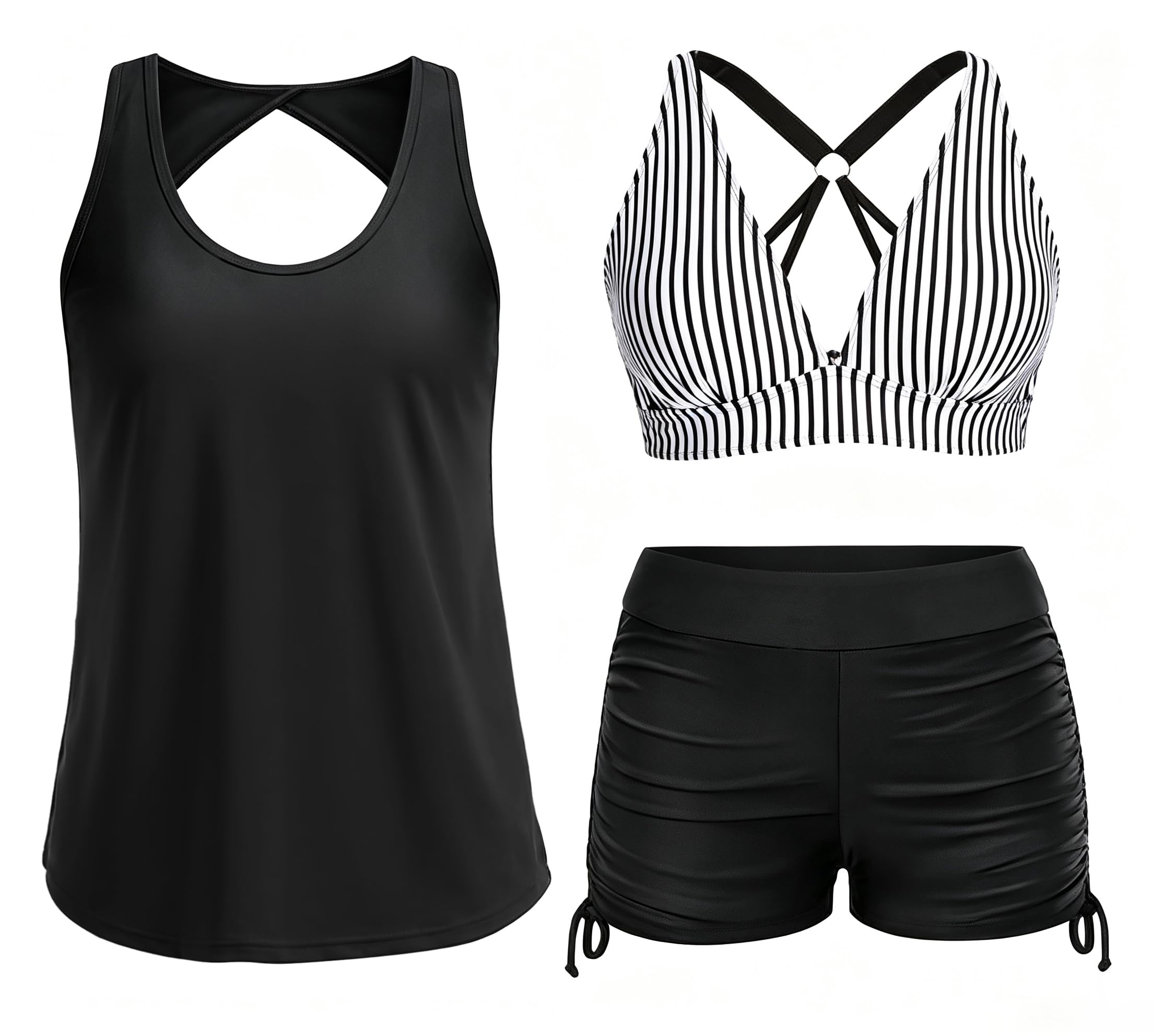 Yonique 3 Piece Tankini Swimsuits for Women Swim Tank Top Bathing Suits with Boy Shorts and Bra Athletic Swimwear