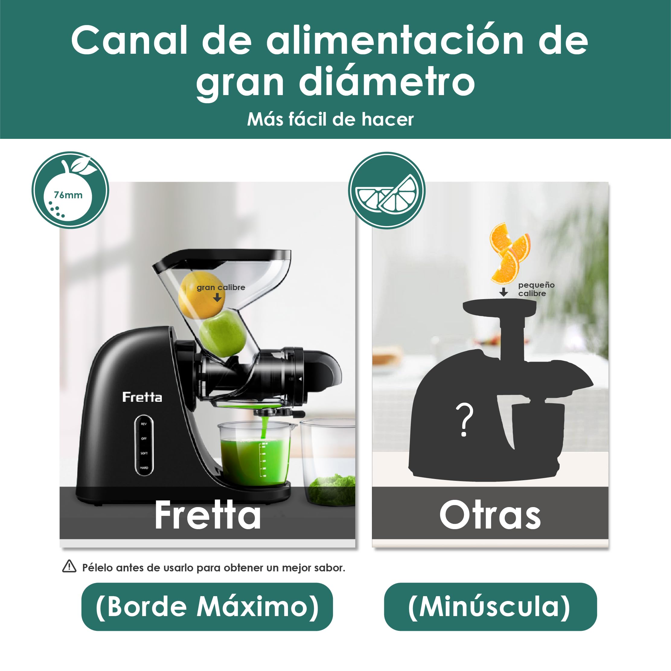 Fretta Extractor de zumos y verduras-Licuadora prensado en frío-Cold press slow juicer machine-El gran canal de alimentación ahorra tiempo y esfuerzo-100% libre de BPA y fácil de limpiar