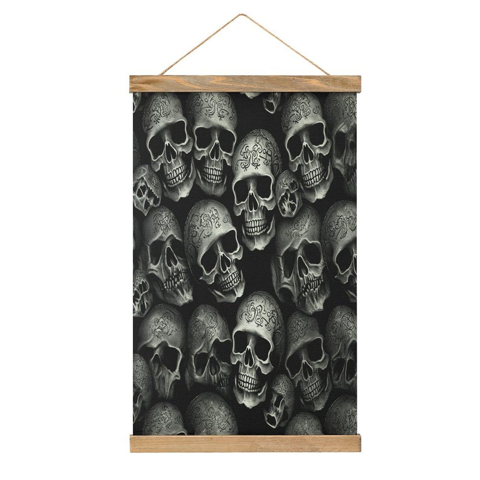 VstaDank Black Skull Hanging Poster with Wooden Frame Modern Linen Hanging Painting Retro Style Wall Decor Art Painting for Living Room,Bedroom Decor Poster Frame 20.4x13.1inch
