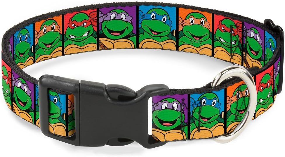 Buckle-Down Plastic Clip Collar - Classic TMNT Face Blocks Black/Multi Color - 1.5" Wide - Fits 13-18" Neck - Small
