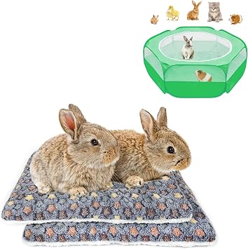 Amakunft Guinea Pig Playpen with Cover, Hamster Playpen with Anti Escape Top & 2 Pcs Guinea Pig Bed Mat Washable, Rabbit Winter Bed Pad for Indoor, Warm Small Animal Bed Mattres