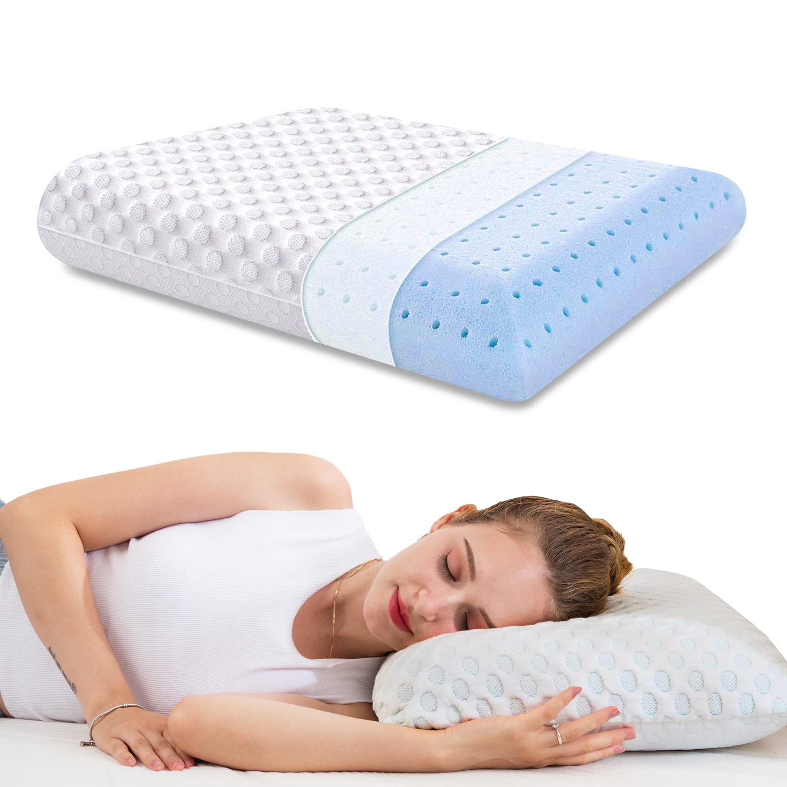 Memory Foam Cool Gel Infused Pillow,Orthopedic Contour Bed Pillows for Back & Side Sleepers,Pressure Relief Supportive,Washable Pillowcase