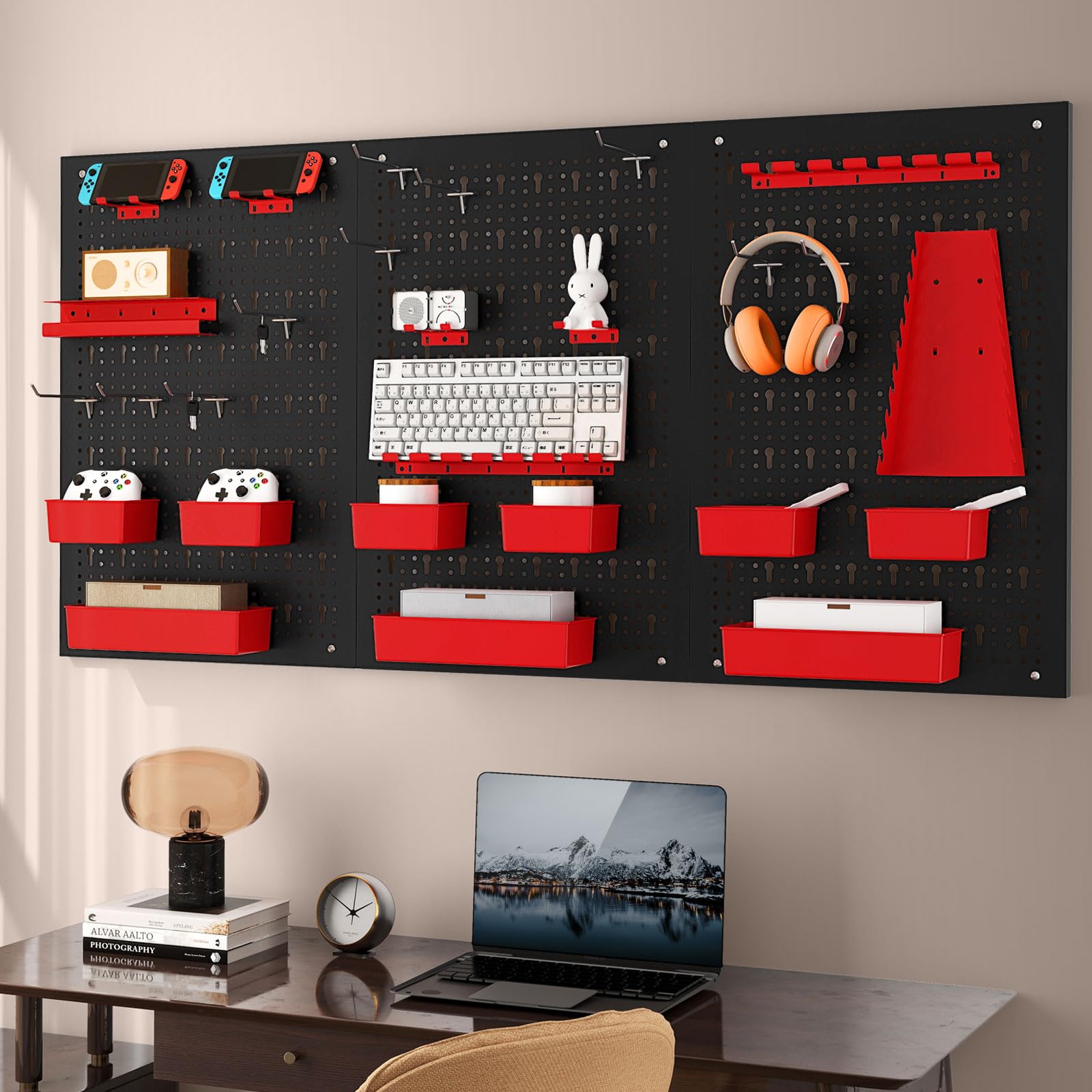 COSTWAY Organizador de Herramientas de Pared, Panel Perforado con 9 Contenedores PP, Soportes para Destornilladores y Brocas, 12 Ganchos, Almacén Resistente para Garaje, Taller (Negro y Rojo)