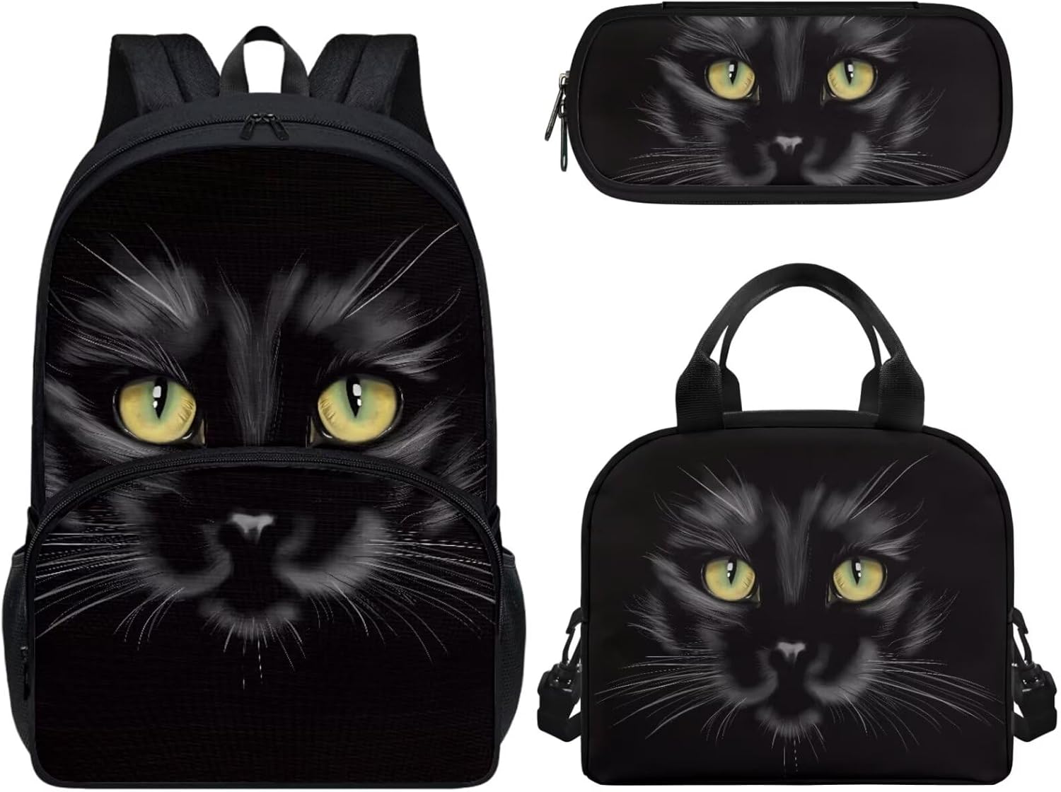 Kids Backpack Toddler School Bag with Zippered Pockets Black Cat Print 17 Inch Preschool Backpack for Boys Girls Lunch Bag Kids Pencil Case 3 Pack