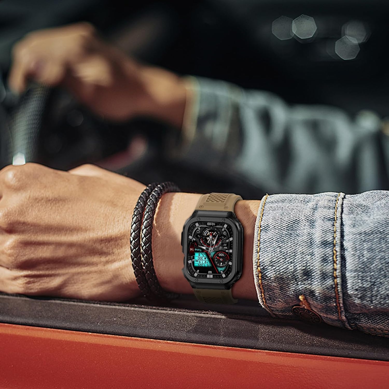 Band with Stainless Steel Case Compatible with Apple Watch Series 9 8 7 45mm Band, iwatch Bands Rugged Metal Protective Cover for Men (Tan)