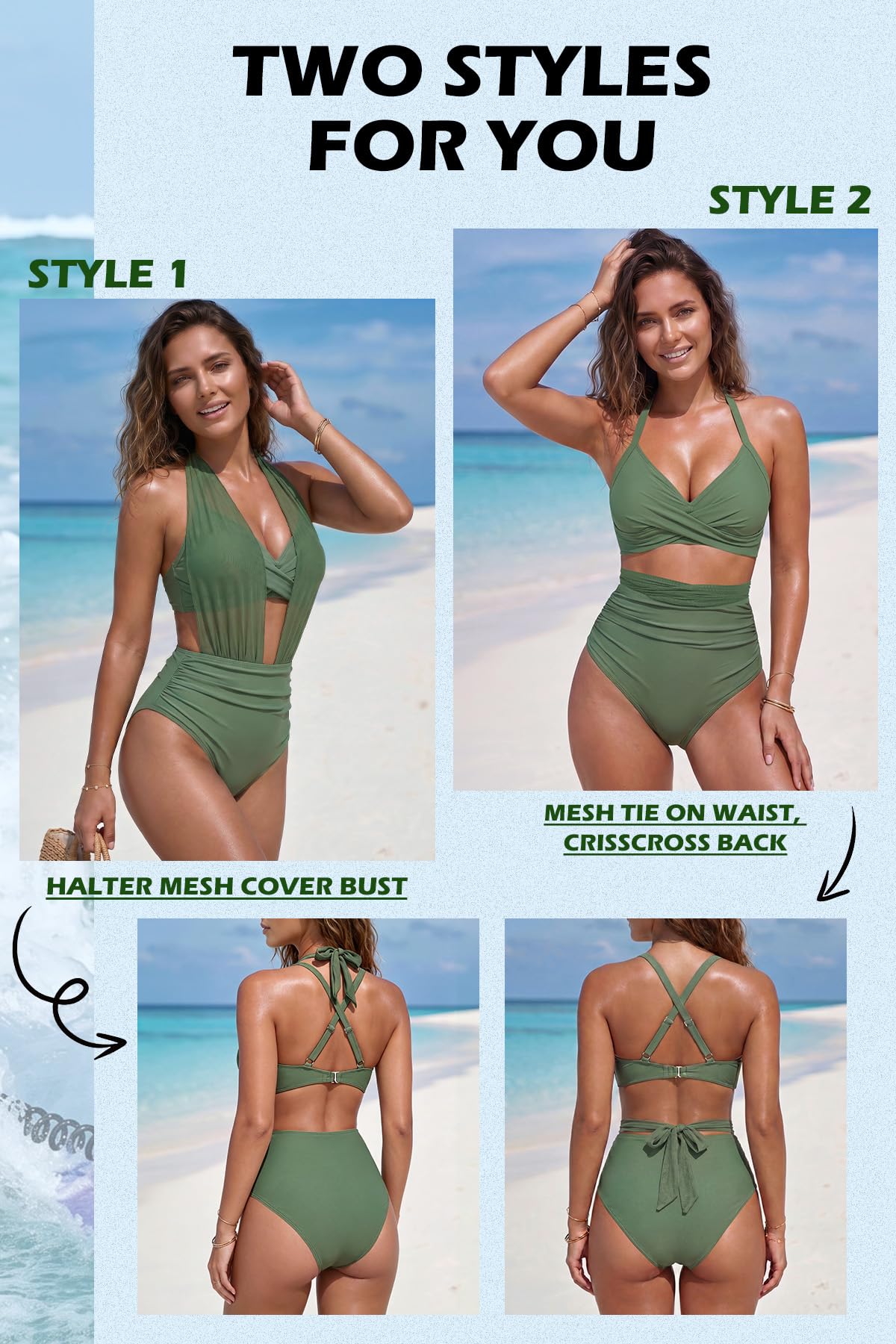 SHEKINI Mujeres Bikini Conjuntos Halter Cintura Alta Vientre Control Sexy Malla 2 Estilo Dos Piezas Traje de baño 2026