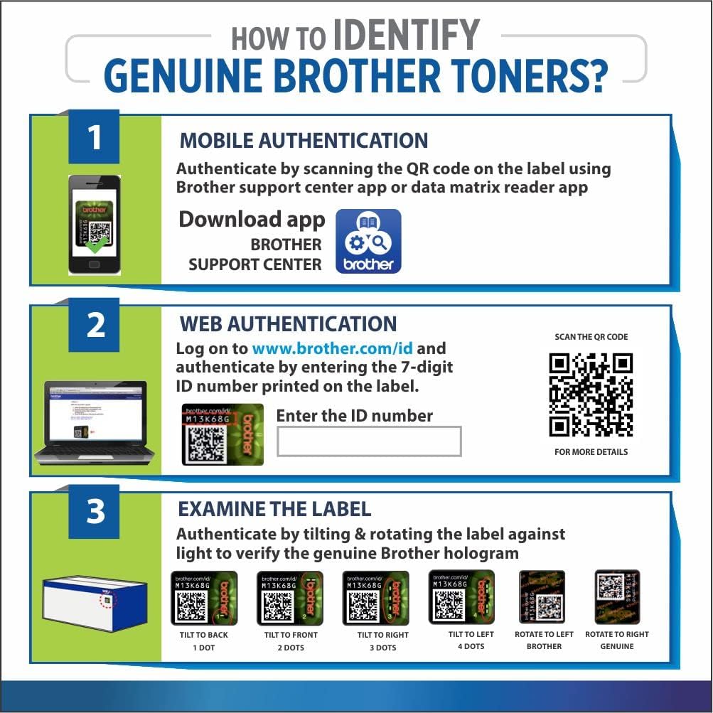 Instructions on how to identify genuine Brother toner cartridges using mobile, web, and label examination