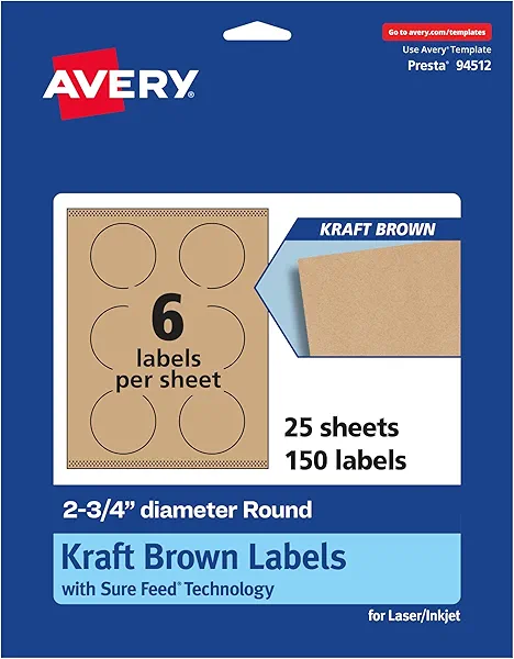 Avery Kraft Brown Round Labels, Sure Feed Technology, 2.75" Diameter, 150 Kraft Brown Labels, Print-to-The-Edge, Laser/Inkjet Printable