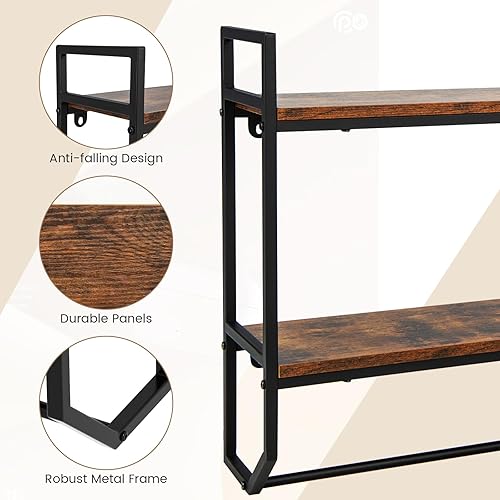 Miniatura 6 de Giantex Estantes de baño montados en la pared con toallero, organizador de almacenamiento industrial de 2 niveles sobre el inodoro con marco