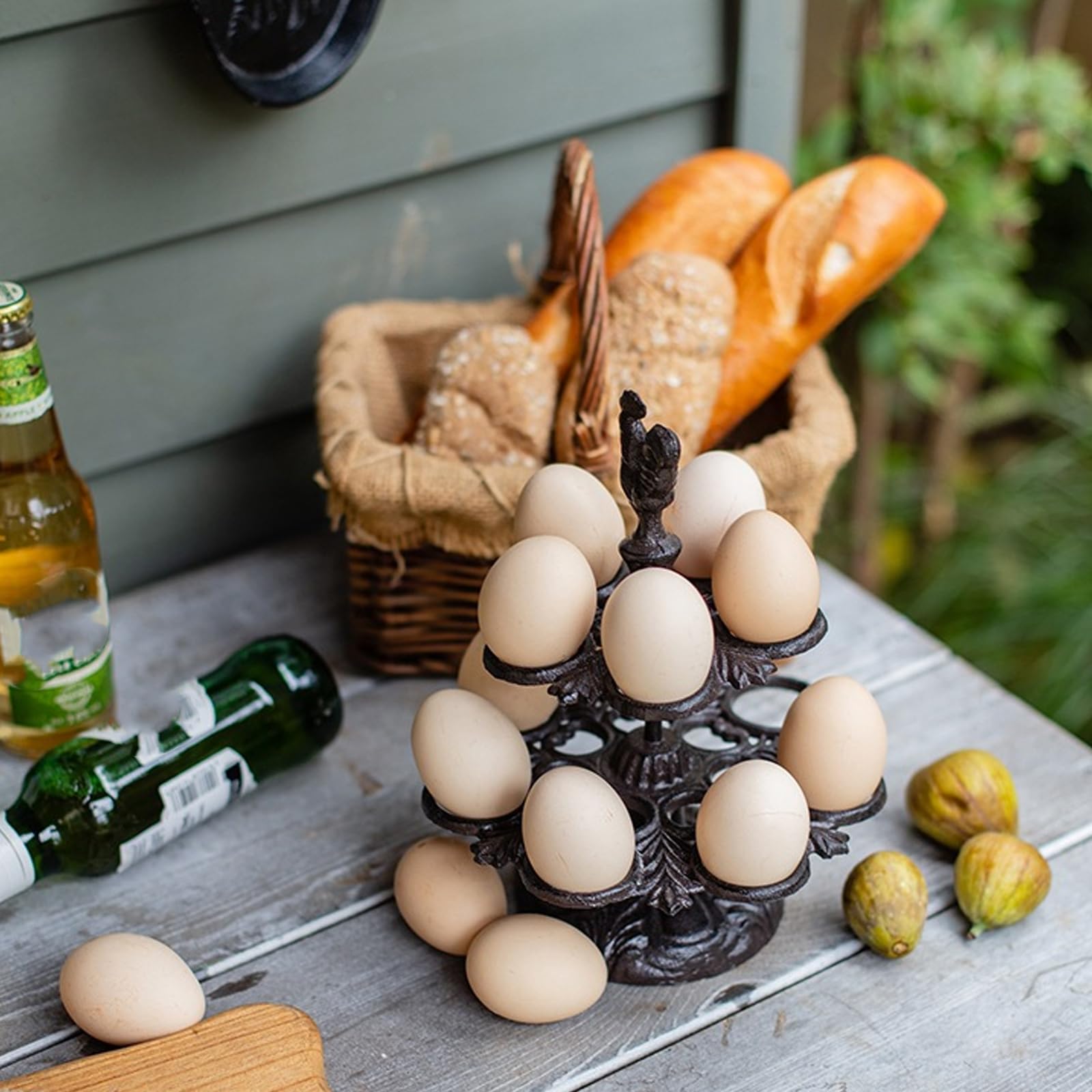 Superficies de fácil limpieza Soporte para huevos de gallo de hierro fundido Diseño retro Granjas Cocinas Organizadores de mostrador Estante para almacenamiento de huevos Organizadores prácticos