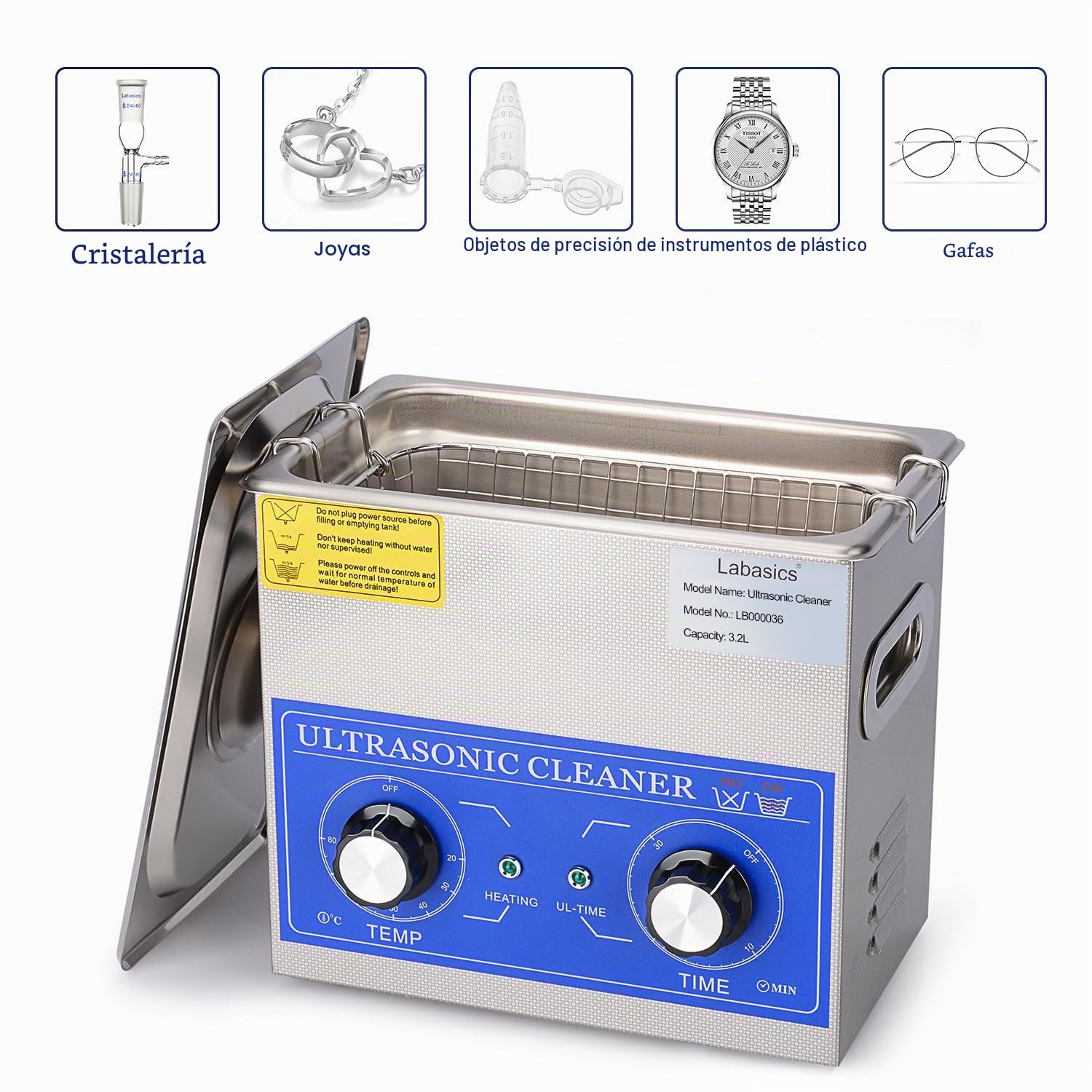 Labasics Limpiador Ultrasónico, Acero Inoxidable 304 limpiadores Ultrasonidos Profesional Multiusos con Panel de Control Mecánico de Calefacción y Temporizador para Laboratorio 40kHz 220V, 3.2L