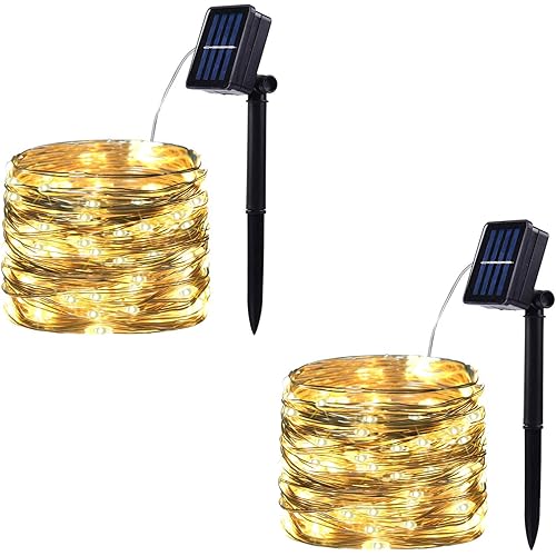 SPRKLINLIN 2 Pack 100 LED Solar Powered String Lights, Each 33FT Copper Wire 8 Modes Solar Fairy Lights Outdoor Waterproof for Garden, Patio, Party, Christmas, Home (Warm White)