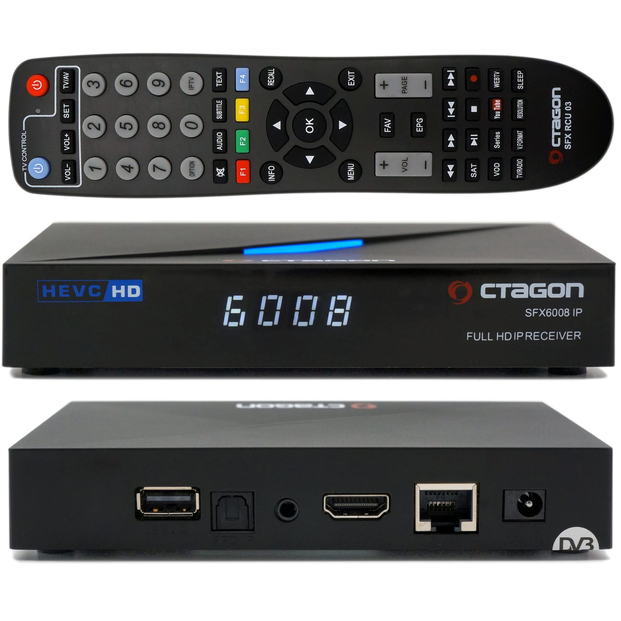 Octagon SFX6008 IP Full-HD H.265 HEVC, E2 Linux Set-Top Box & Smart Internet TV Receiver, Sat to IP TV Client Support, DLNA, YouTube, Web-Radio, HDMI, schwarz