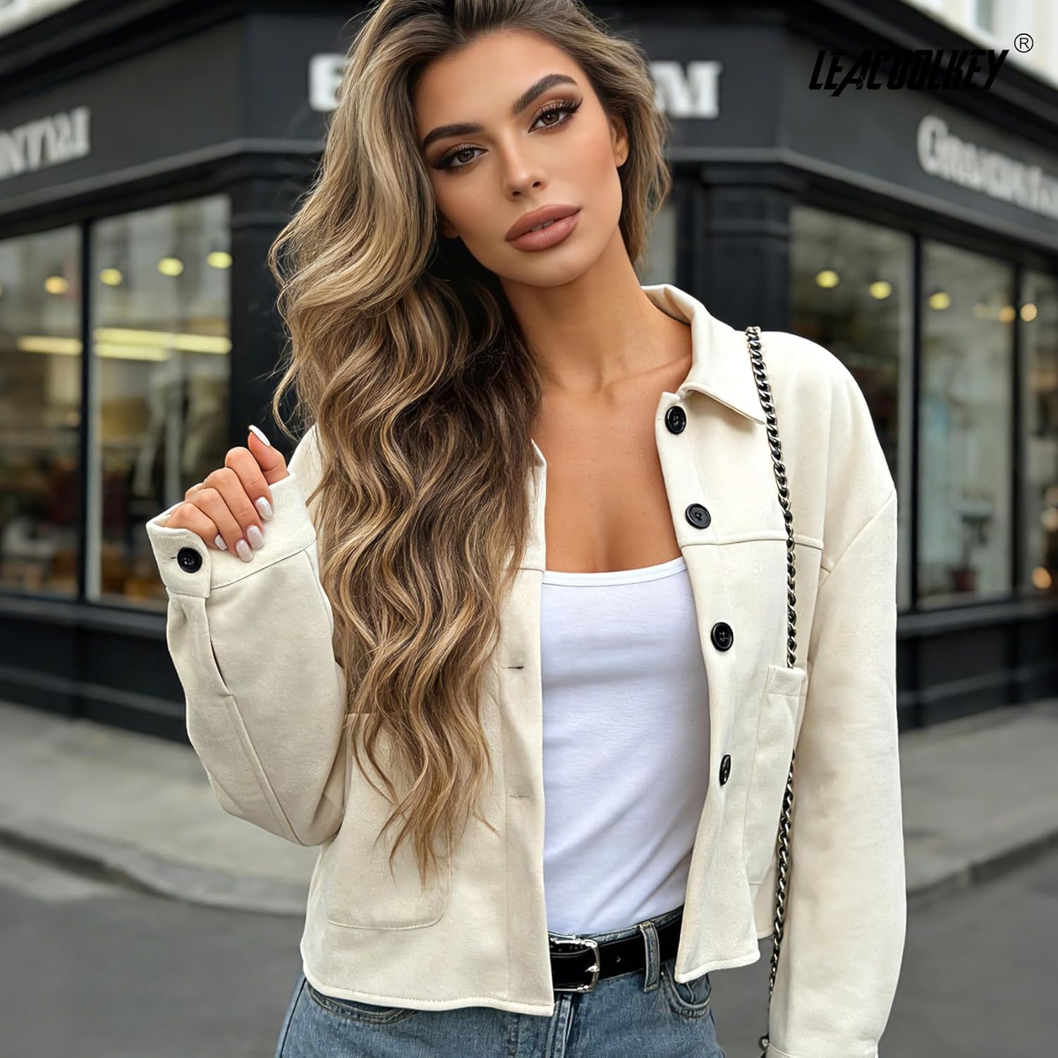 LEACOOLKEY Women's Faux Suede Cropped Jacket Casual Lightweight Coat Fall Winter Fashion Outerwear