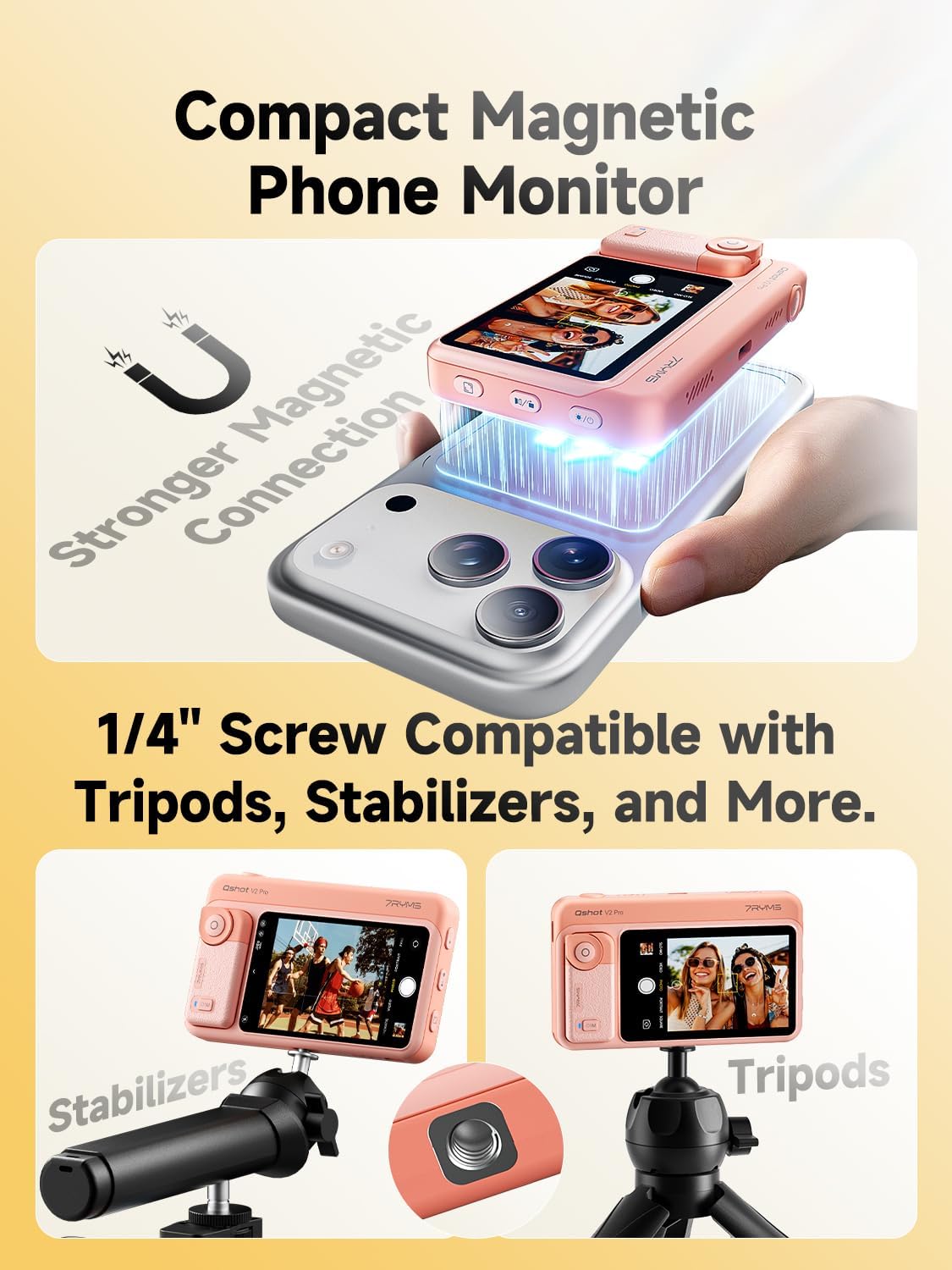 7RYMS Qshot V2 Pro Selfie Monitor Screen for iPhone & Android, 4K 60fps MagSafe Back Camera Monitor with Wired/Wireless Mode, 164ft Range, Remote Control,Video Monitor for Vlog & Live Streaming-Pink