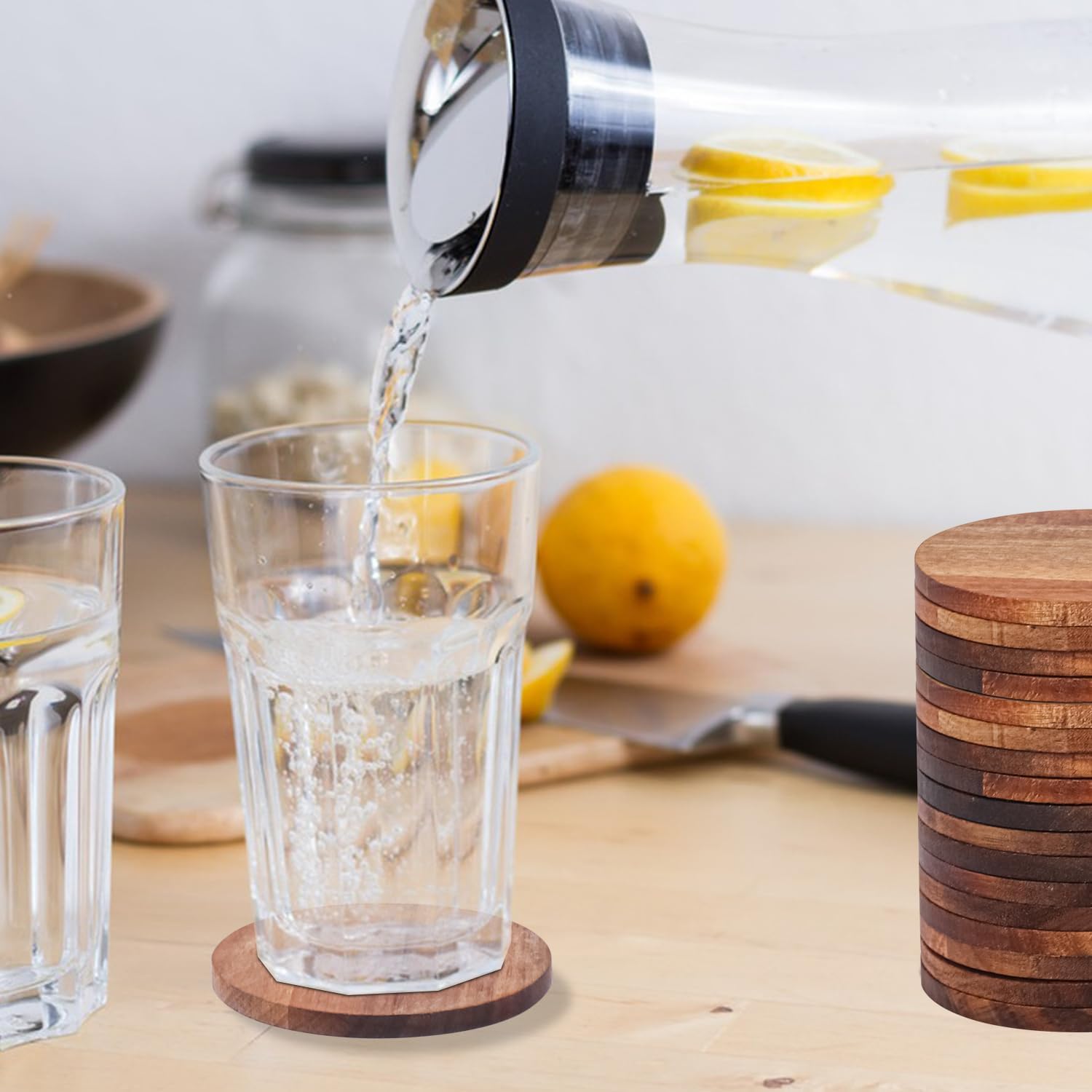 24 Pack 3.74 Inch Acacia Wood Round Coasters for Drinks, Bulk, Acacia Wooden Drink Coasters, Suitable for Tables, Countertops, Desks, Home Decor - Image 6