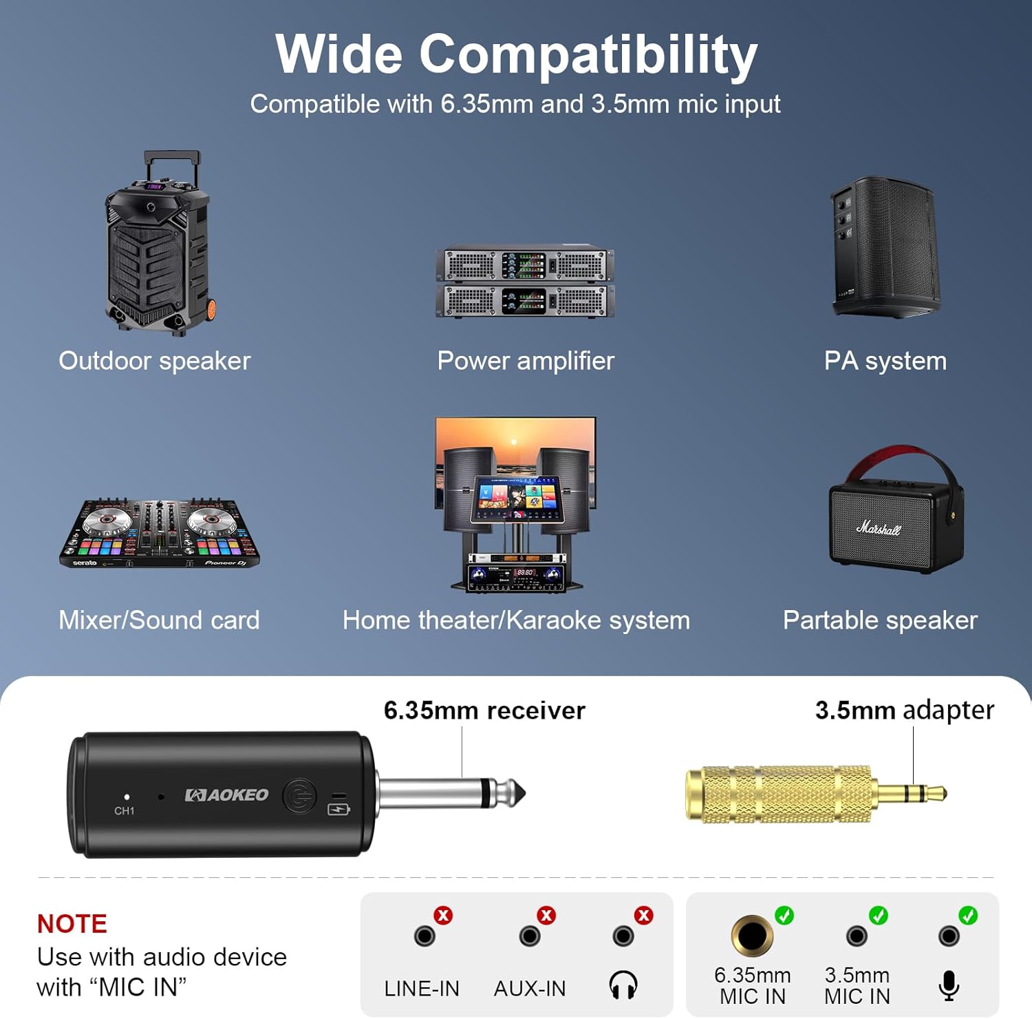 Aokeo Wireless Microphone with Rechargeable Receiver,UHF Dynamic Handheld Karaoke Mic,100ft Range, for Amplifier Speaker, Mixer,Singing, Party,Speech - Image 6