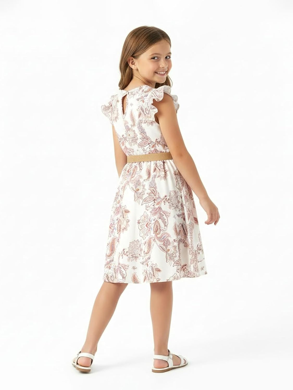 PATPAT Little Big Girls Dress Vintage Boho Floral Ruffle Short Sleeve Casual Swing Dress with Braided Belt - Image 13