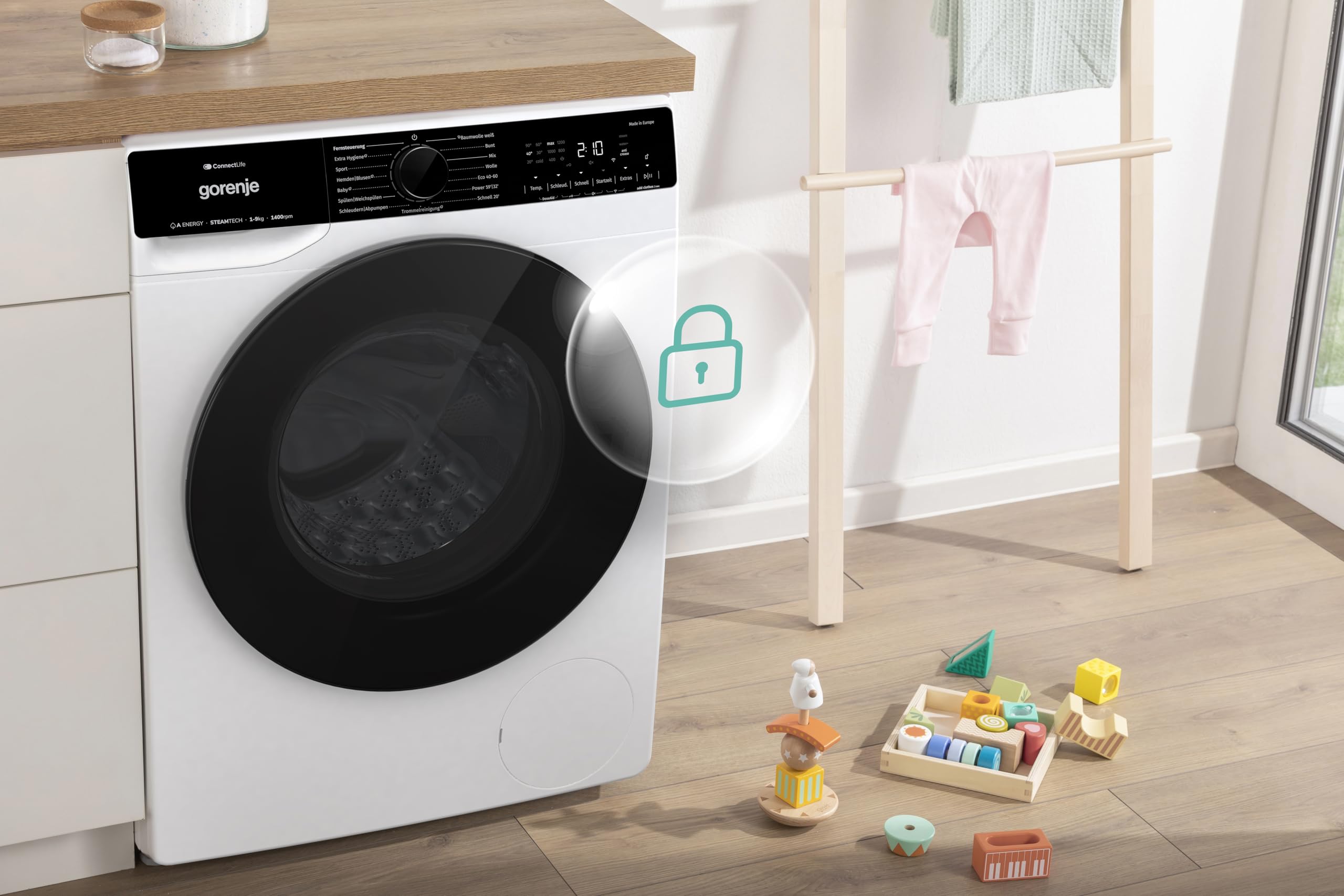 Gorenje WPNA 84 SATSWIFI Waschmaschine mit Dampffunktion / 8 kg / 1400 U/Slim Line/ConnectLife WiFi/Total AuaStop/Inverter PowerDrive Motor/Edelstahltrommel/Kindersicherung/EEK A