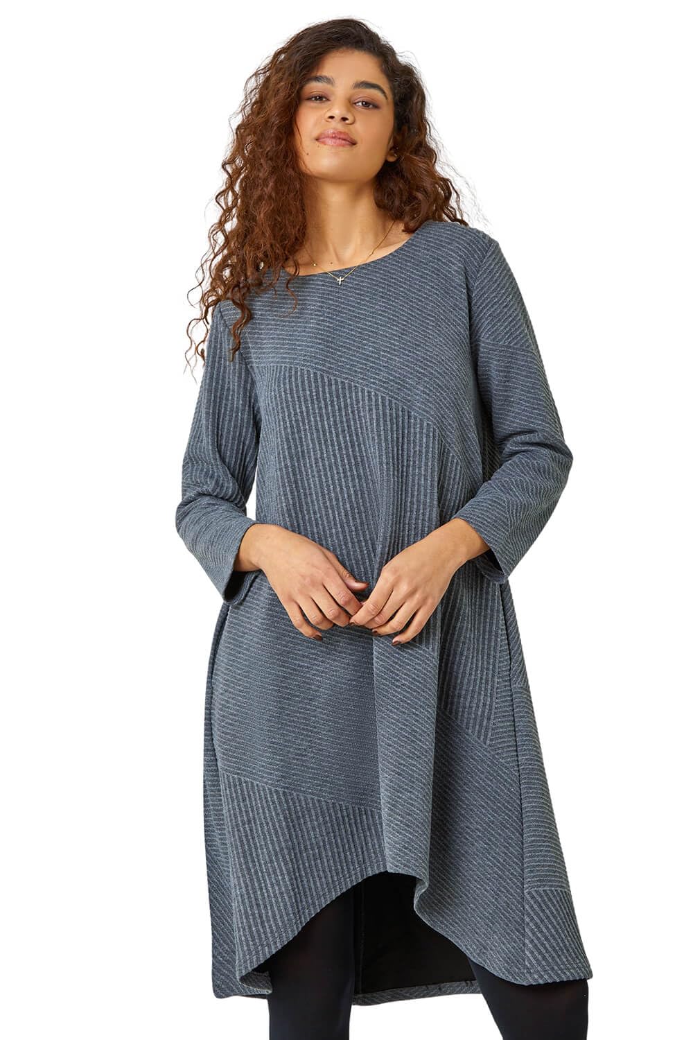Roman Women's Ribbed Asymmetric Stretch Dress in Dark Grey | Size: 18