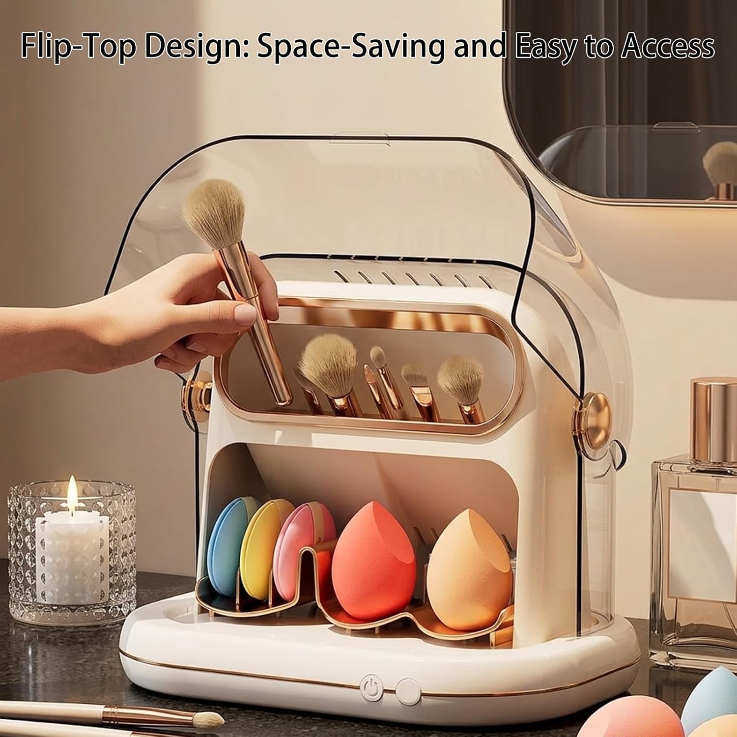 Electric Makeup Brush Dryer & Storage – 3‑in‑1 Auto‑Drying, Timed Cleaning, and Dust‑Proof Case for All Brush Sizes & Sponges