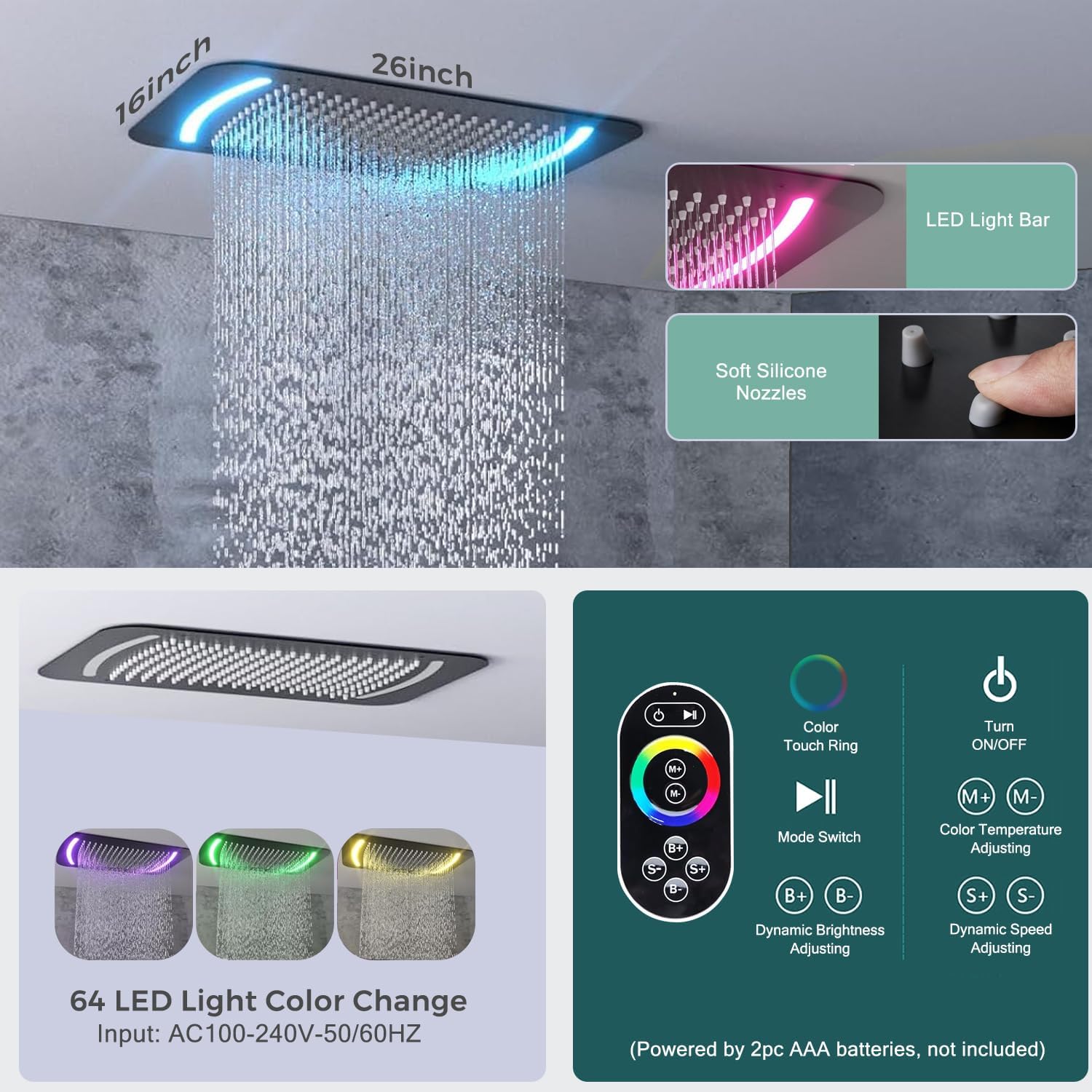 16x26" Rainfall Full Body Digital Shower System with LED Light Remote image 2