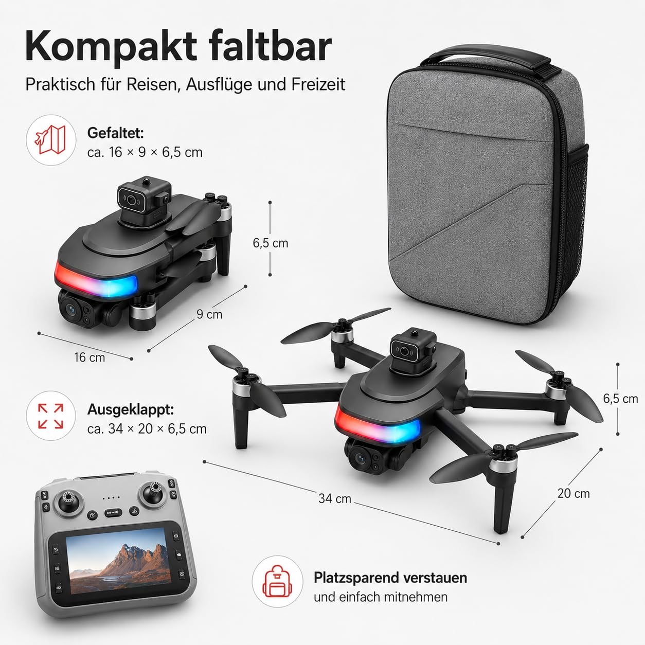 Faltbare GPS Drohne mit Kamera 1080P HD, Dual-Kamera, 4,5'' Bildschirm Fernsteuerung, bürstenlose Motoren, 2 Akkus (40 Min), Follow Me, 360° Orbit, Waypoint, Optical Flow, Hinderniserkennung