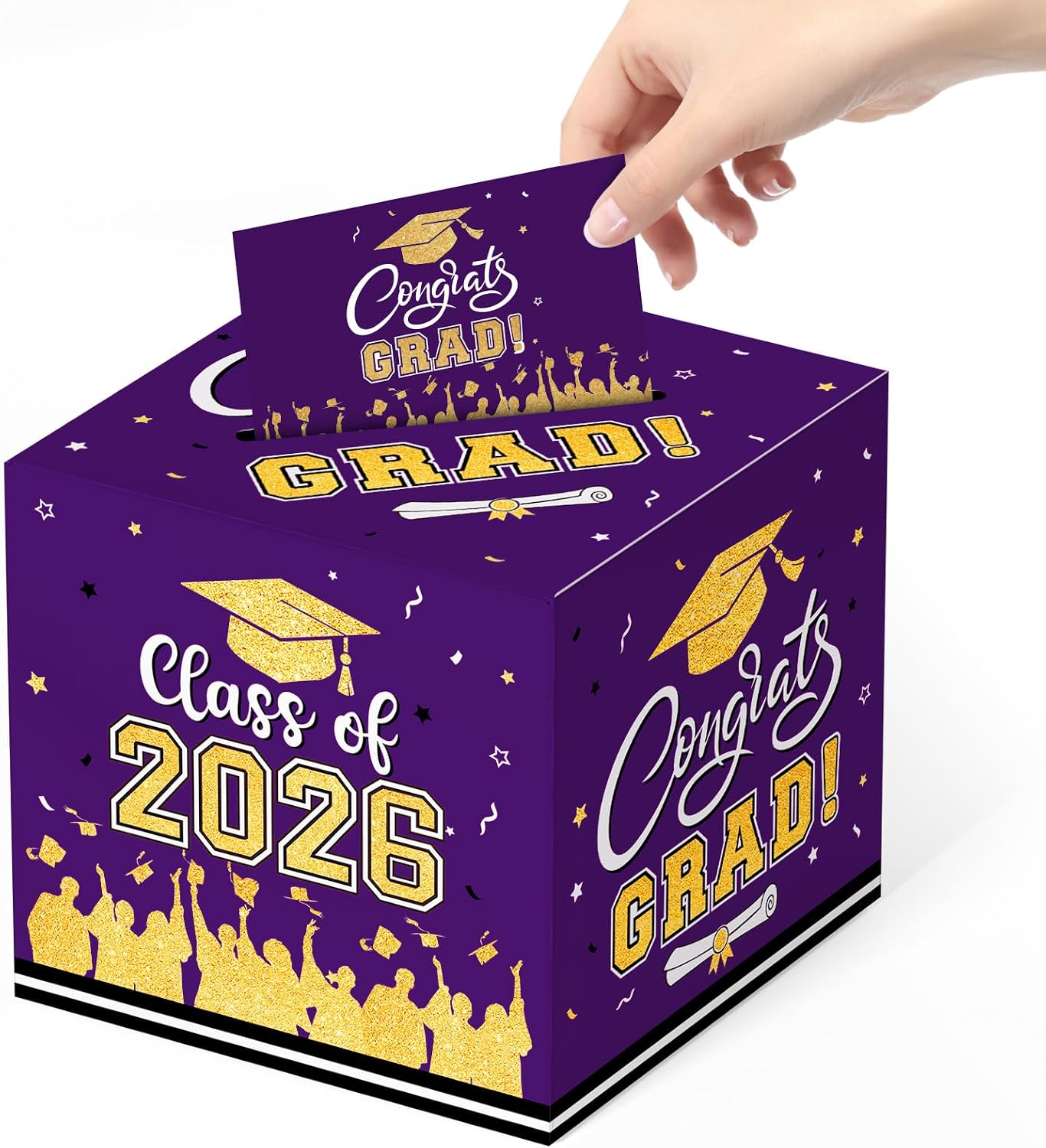 Graduation Card Box 2026 - Congrats Grad Card Boxes Holder, Purple and Gold Class of 2026 Graduation Gift Cards Box for Graduation Party Decorations 2026 Favors Decor Supplies Props,9x 9 x 9 inches image 2