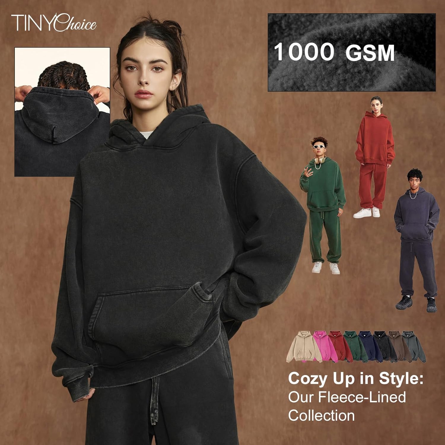 Heavyweight Fleece Oversized Hoodie for Men and Women, Vintage Acid Wash Pullover Sweatshirt - Image 4