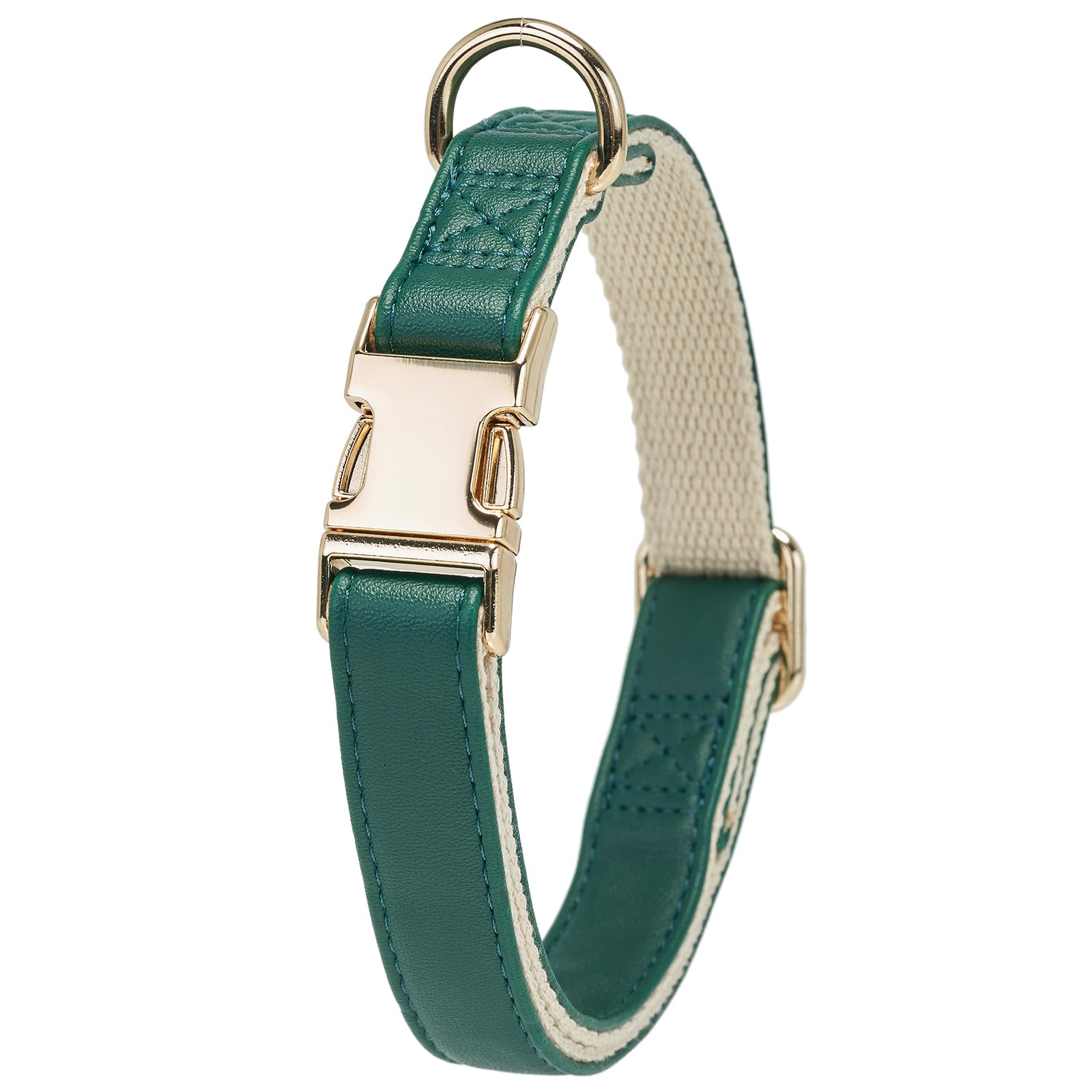 YUDOTE Soft Leather Dog Collars with Safety Quick Release Metal Buckle,Natural Cotton Padded Pleather Collar for Puppies with Senstive Skin,Green