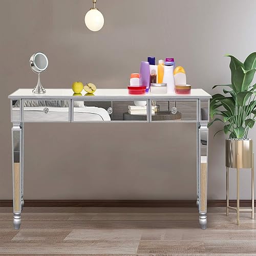 Miniatura 55 de SSLine Mesa de tocador de maquillaje con espejo, mesa auxiliar moderna para sofá, mesa auxiliar con espejo, mesa de tocador con 2 cajones, mesa de