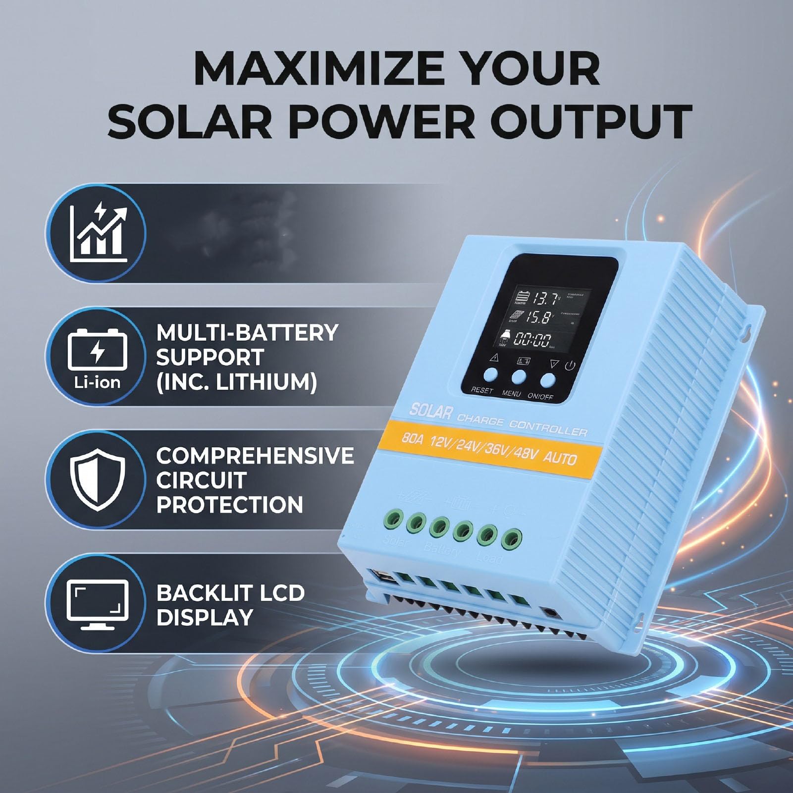 FTVOGUE Contrôleur de Charge Solaire MPPT 80A LCD Double USB 12V 48V