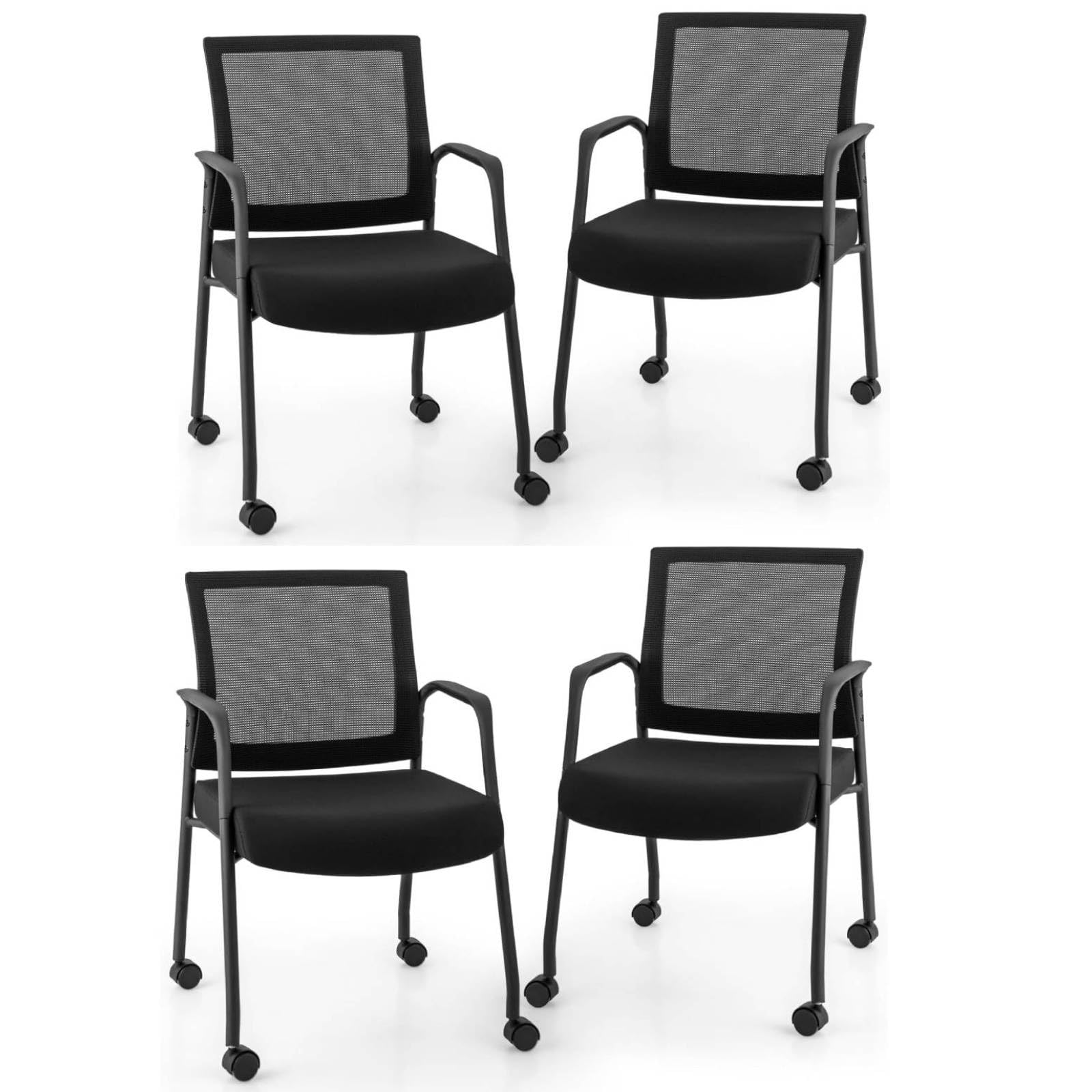 SFAREST Reception Chairs Set of 2, Movable Mesh Ergonomic Office Desk Chair with Wheels, Mid-Back Ergonomic Conference Guest Visitor Chairs for Waiting Meeting Room School (4 PCS, with Armrest)