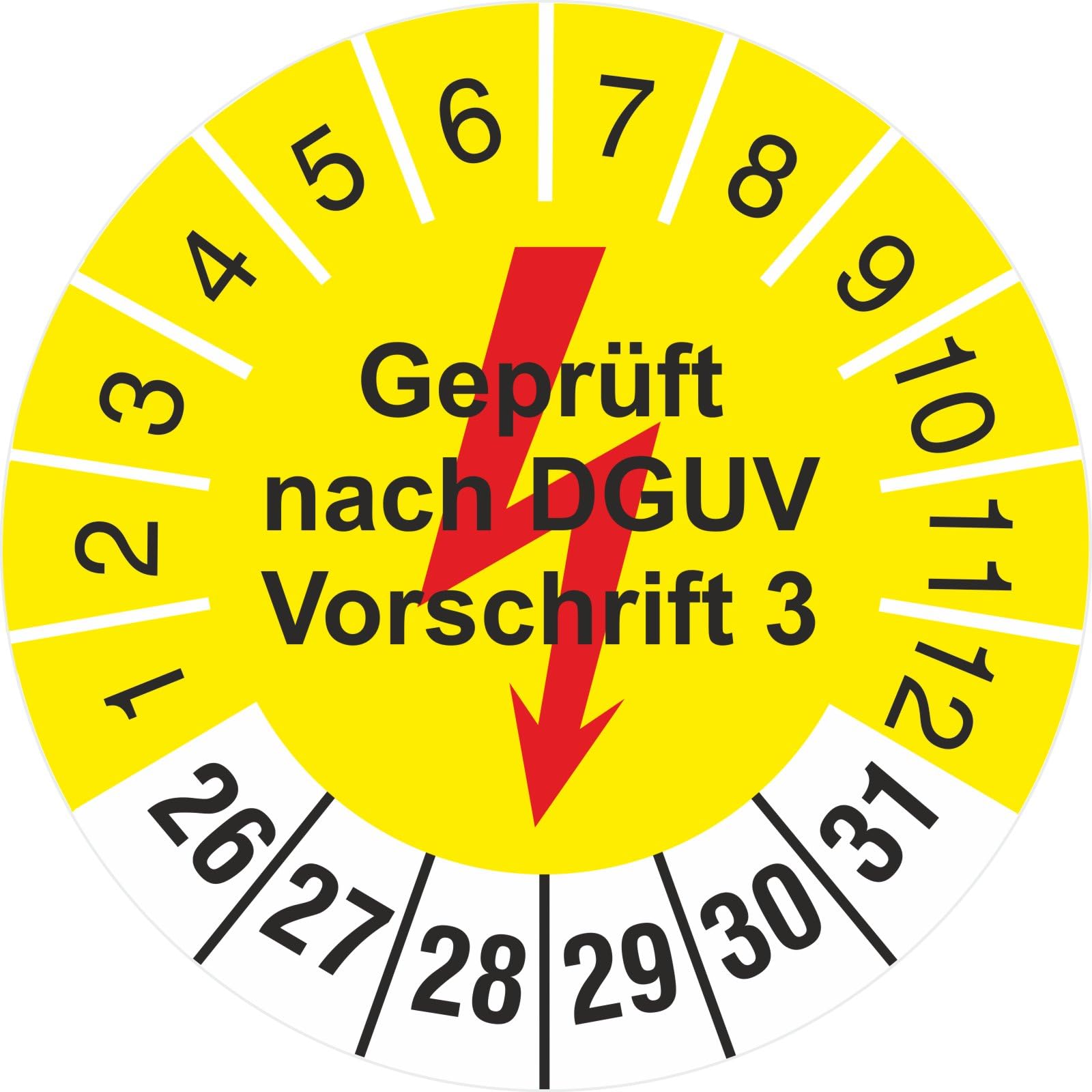 1000 Stück 30 mm gelb geprüft nach DGUV Vorschrift 3 mit Blitz Prüfetiketten Prüfplakette 2026-31