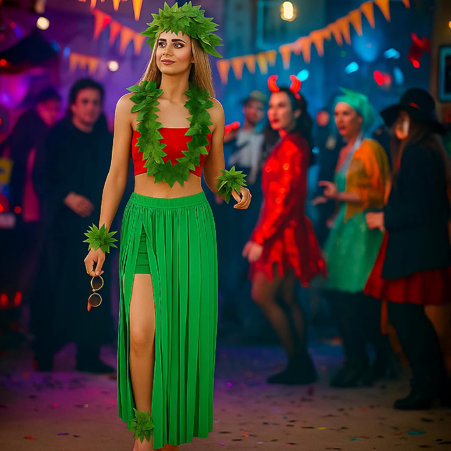 8 Pcs Hawaiian Woman Costume Hula Skirt with Tank Top Flower Necklace Leis Outfit for Halloween Summer Luau Party