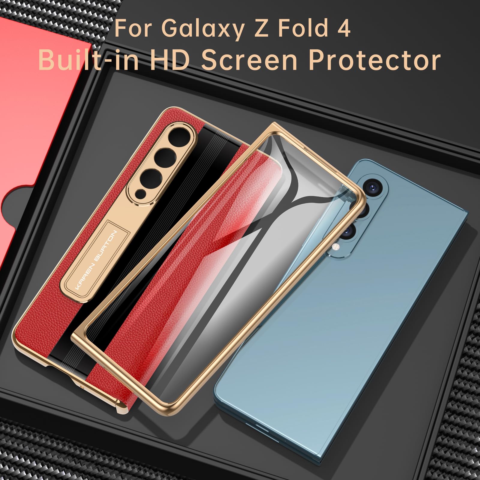 karenDon for Samsung Galaxy Z Fold 4 Phone Case [Luxury Premier Genuine Leather][Full Body Hinge Protection][Built-in Screen Protector][Kickstand Drop Proof Protective Cover] for Z Fold 4 5G (Red)