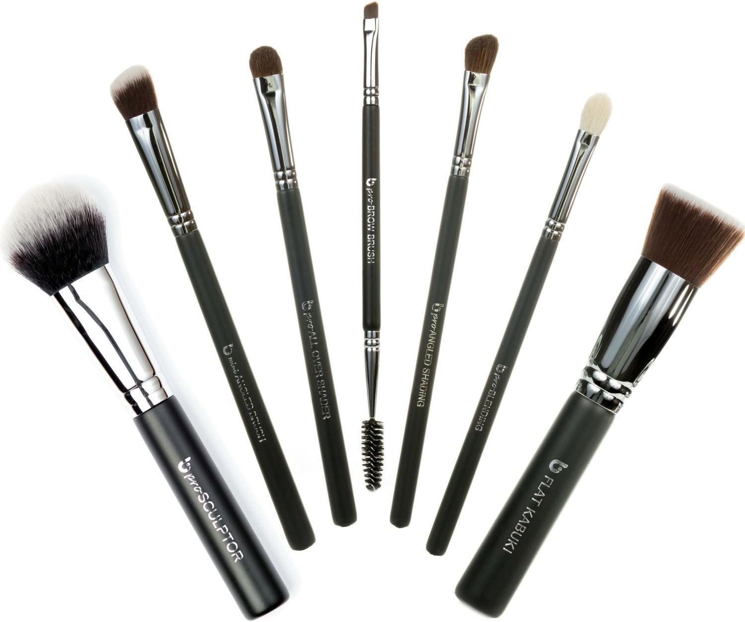 Basic Travel 7pc Makeup Brush Set - Beauty Junkees Professional Make Up Brushes for Full Face Foundation, Contour, Highlighter, Eyeshadow, Blending, Eyebrows, Black Labeled, Affordable
