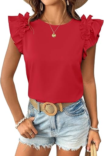 JUSTFASHIONNOW Womens Ruffle Short Sleeve Tops Summer Trendy Casual T Shirts 2026 Crew Neck Cute Tee Tops Dressy Blouses