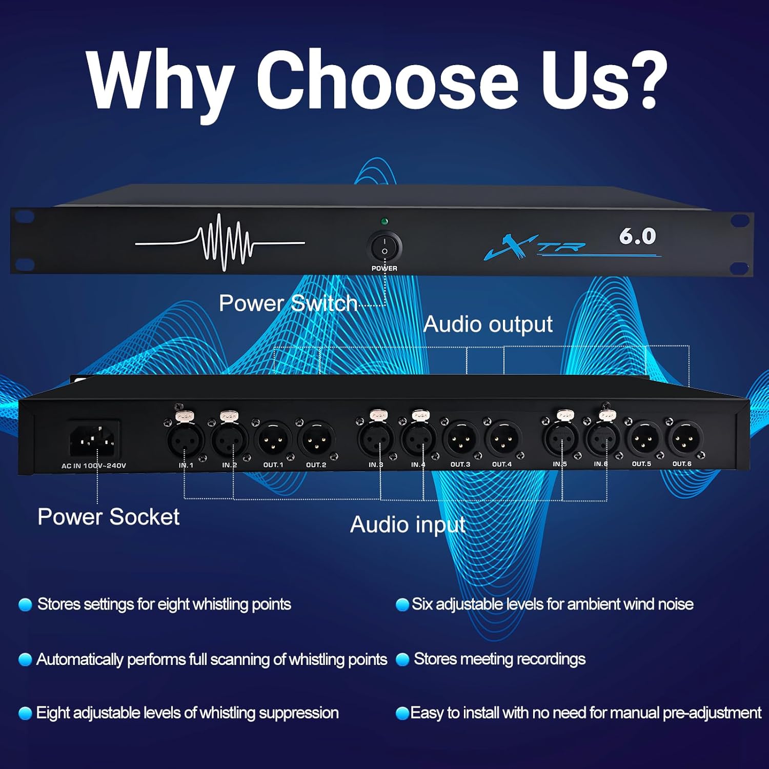 Professional Feedback Suppressor, 6in6out Microphone Anti-Howling Device, Automatic Frequency Shifter for Clear Audio in Stage Performances, Conferences, and KTV Systems