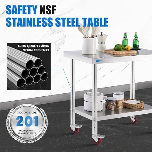 Miniatura 7 de Mesa de acero inoxidable para preparación y trabajo con 4 ruedas giratorias con estante inferior de 30 x 36 pulgadas, cocina comercial de metal NSF