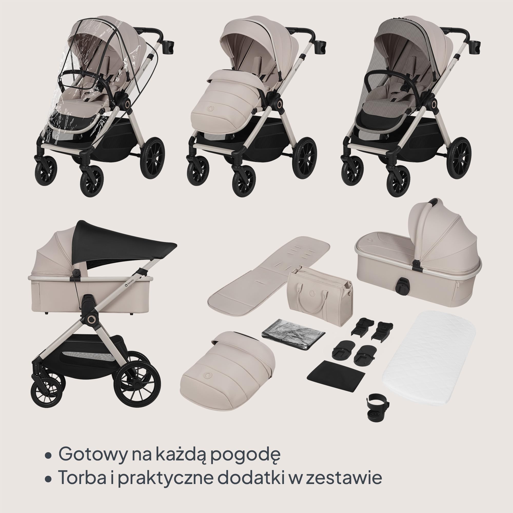 LIONELO LAYLA Wózek dziecięcy kombi 3 w 1 0-48 miesięcy do 22 kg, wózek dziecięcy do 9 kg, fotel samochodowy do 13 kg, AiryDots, koła PU obracane o 360°, pełne zawieszenie (czarny)
